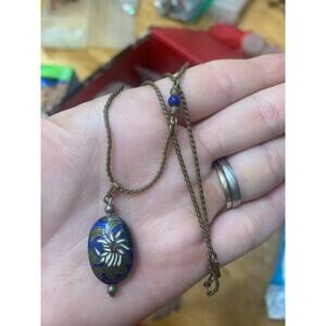 Vintage Chinese Cloisonné Necklace Blue Enamel Flower Pendant Brass Chain